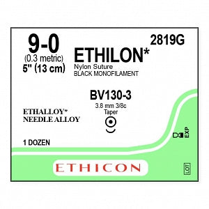 Ethicon Ethilon Taper Point Sutures - Ethilon Monofilament Suture, Black, 5", Size 9/0, BV130-3 Needle - 2819G