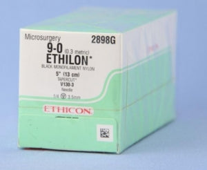 Ethicon Tapercut Ethilon Non-Absorbable Sutures - Ethilon Monofilament Suture, Black, 5", Size 9/0, V130-3 Needle - 2898G