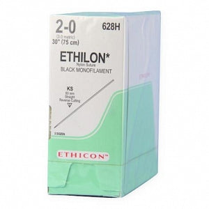 Ethicon Straight-Cutting Ethilon Nonabsorbable Sutures - Ethilon Monofilament Suture, Black, 30", Size 2/0, KS Needle - 628H