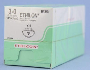 Ethicon Reverse Cutting Ethilon Sutures - Black Ethilon 3-0 X-1 18" Suture - 642G