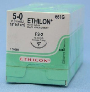 Ethicon Reverse Cutting Ethilon Sutures - Black Ethilon 5-0 FS-2 18" Suture - 661G