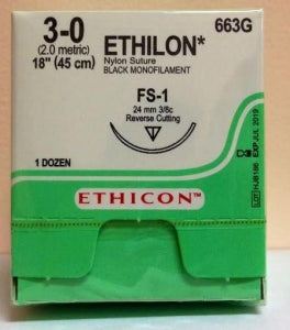 Ethicon Reverse Cutting Ethilon Sutures - Black Ethilon 3-0 FS-1 18" Suture - 663G