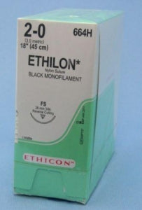 Ethicon Reverse Cutting Ethilon Sutures - Black Ethilon Suture, Size 2-0, 18", FS Needle - 664H