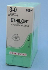 Ethicon Reverse Cutting Ethilon Sutures - Black Ethilon 3-0 FS-1 30" Suture - 669H