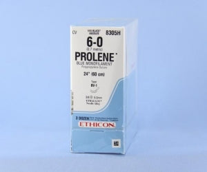 Ethicon Prolene Sutures with Hemo-Seal - PROLENE Polypropylene Monofilament Suture, Blue, BV-1 Needle, Size 6-0, 24" - 8305H