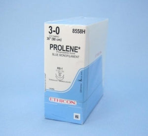 Ethicon Prolene Sutures with Hemo-Seal - PROLENE Polypropylene Monofilament Suture, Blue, Double-Armed, RB-1 Needle, Size 3-0, 36" - 8558H