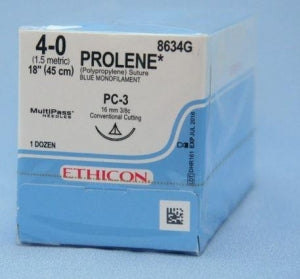 Ethicon PROLENE Precision Cosmetic Sutures - Prolene Monofilament Suture, Blue, Suture Size 4-0, Length 18", PC-3 Needle - 8634G