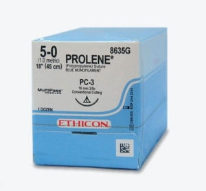 Ethicon PROLENE Precision Cosmetic Sutures - Prolene Monofilament Suture, Blue, Suture Size 5-0, Length 18", PC-3 Needle - 8635G