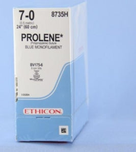 Ethicon Prolene Sutures with Hemo-Seal - PROLENE Polypropylene Monofilament Suture, Blue, Double-Armed, BV175-6 Needle, Size 7-0, 24" - 8735H