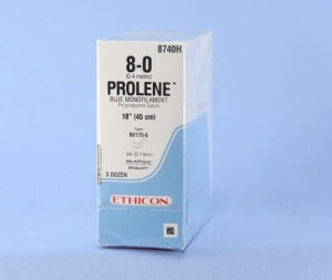 Ethicon Prolene Sutures with Hemo-Seal - PROLENE Polypropylene Monofilament Suture, Blue, Double-Armed, BV175-6 Needle, Size 8-0, 18" - 8740H