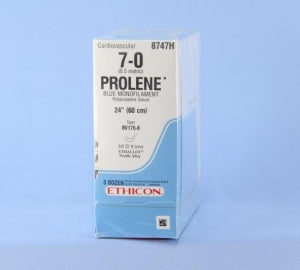 Ethicon Prolene Sutures with Hemo-Seal - PROLENE Polypropylene Monofilament Suture, Blue, Double-Armed, BV175-8 Needle, Size 7-0, 24" - 8747H