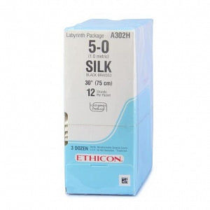 Ethicon Perma-Hand Silk Sutures - Perma-Hand Suture, Black Braided, Size 5-0, 12 x 30" - A302H