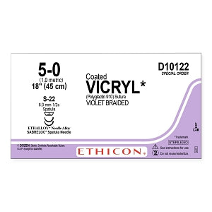 Ethicon Coated Vicryl Plus Sutures - Coated Vicryl Suture, Violet Braided, Size 5-0, 45 cm, with S-22 Needle - D10122