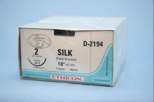 Ethicon Silk Sutures - Perma-Hand Black Braided Silk Suture with 36 mm 1/2 Circle CP-1 Reverse Cutting Needle, 18" Long, Size 2 - D2194