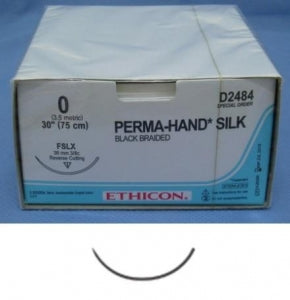 Ethicon Perma-Hand Silk Braided Sutures - Perma-Hand Silk Black Braided Suture with 36 mm 3/8 Circle Cutting Edge Reverse FSLX Needle, 30" Long, Size 0 - D2484