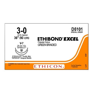 Ethicon Ethibond Excel Polyester Sutures - Ethibond Excel Polyester Suture, Green Braided, Size 3-0, 36", Double Armed V-7 Needle - D5101