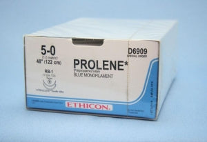 Ethicon Blue Monofilament Prolene Sutures - Prolene Blue Monofilament Suture with Double-Armed 17 mm 1/2 Circle RB-1 Taper Point Needle, 1 x 48" Long, Size 5-0 - D6909