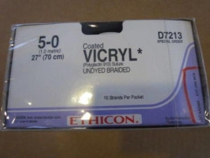 Ethicon Coated Vicryl Sutures - Coated VICRYL Absorbable Suture, Undyed Braided, Size 5/0, 27" (70 cm) - D7213