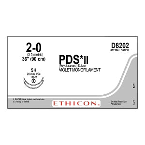 Ethicon PDS II Polydioxanone Monofilament Synthetic Absorbable Suture - PDS II Suture, Violet, Mono, DA, D-Spec, 2-0, 36" - D8202