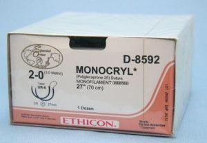 Ethicon Monocryl Suture - Monocryl Suture, Undyed Monofilament, Size 2-0, 27", Double Arm, UR-6 Needle - D8592