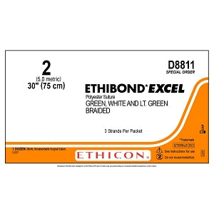 Ethicon Ethibond-Excel Sutures - Ethibond Excel Suture, Green and White and Light Green, Size 2, 3" x 30", No Needle - D8811