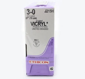 Ethicon Taper Point Vicryl Synthetic Absorbable Sutures - Undyed Coated Vicryl 3-0 RB-1 27" Suture - J215H