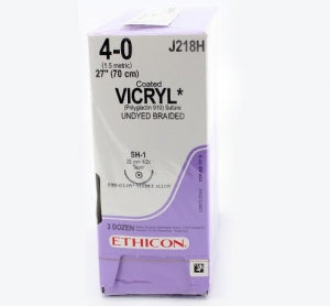 Ethicon Taper Point Vicryl Synthetic Absorbable Sutures - Undyed Coated Vicryl 4-0 SH-1 27" Suture - J218H