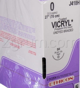 Ethicon Taper Point Vicryl Synthetic Absorbable Sutures - Undyed Coated Vicryl 0 SH 27" Suture - J418H