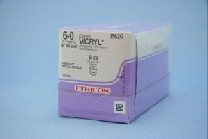 Ethicon Absorbable Vicryl Sutures - Coated VICRYL Absorbable Suture, Violet Braided, S-28 Needle, Size 6/0, 18" - J562G