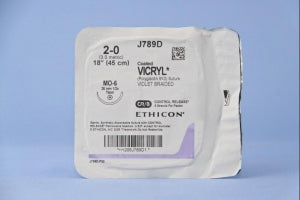 Ethicon Taper Point Vicryl Synthetic Absorbable Sutures - Violet Coated Vicryl 2-0 MO-6 Taper 18" Suture - J789D