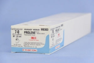 Ethicon Prolene Sutures with Hemo-Seal - PROLENE Polypropylene Monofilament Suture, Blue, BV-1 Needle, Size 7-0, 4"-30", Double-Armed Visi-Black - M8303