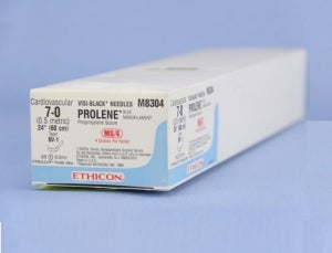 Ethicon Prolene Sutures with Hemo-Seal - PROLENE Polypropylene Monofilament Suture, Blue, BV-1 Needle, Double-Armed Visi-Black, Size 7-0, 4"-24" - M8304