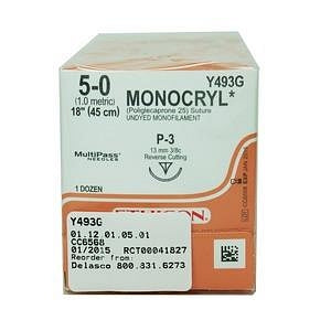 Ethicon Reverse-Cutting Monocryl Absorbable Sutures - Monocryl Monofilament Suture, Undyed, Size 0-0, CP, 27" - Y267H