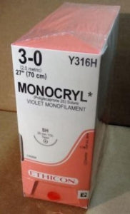 Ethicon Monocryl Absorbable Sutures - Monocryl Monofilament Suture, Violet, 27", Size 3-0 - Y316H