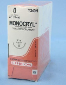 Ethicon Monocryl Absorbable Sutures - Monocryl Monofilament Suture, CT, Violet, 27", Size 0-0 - Y340H