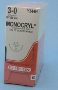 Ethicon Monocryl Absorbable Sutures - Monocryl Monofilament Suture, Violet, 36" Size 3-0 - Y344H