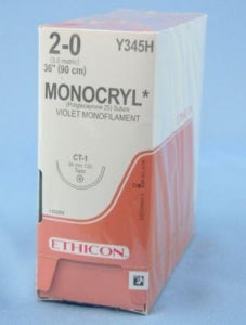 Ethicon Monocryl Absorbable Sutures - Monocryl Monofilament Suture, Violet, 36" Size 2-0 - Y345H