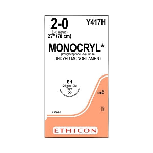 Ethicon Monocryl Absorbable Sutures - Monocryl Monofilament Suture, Undyed, 27" Size 2-0 - Y417H