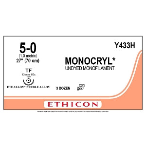 Ethicon Monocryl Absorbable Sutures - Monocryl Monofilament Suture, Undyed, 27" Size 5-0 - Y433H