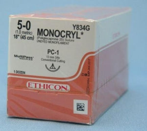 Ethicon Precision Cosmetic Monocryl Absorbable Sutures - Monocryl Monofilament Suture, Undyed, 18", Size 5-0 - Y834G