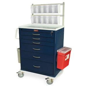 Harloff Anesthesia Carts - 6-Drawer M Series Anesthesia Cart with 3-3", 2-6", and 1-9" Drawers, Back Rails, Tilt Bin Organizer, Antimicrobial Plastic Top, Pontoon Bumpers, and Waste / Sharps Containers, Navy Blue - QUOTE # MB031320M