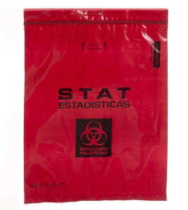 Inteplast Red Reclosable Bags with STAT and Biohazard Warning - BAG, SPECIMEN, 8X10, STAT RED, ZIPPER, 2 PKT - IP810RSTAT