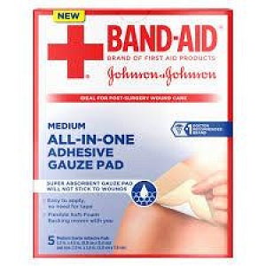 Johnson & Johnson All-In-One Adhesive Gauze Pads - All-In-One Adhesive Gauze Pad, Size M, 5 Count - 381371166275