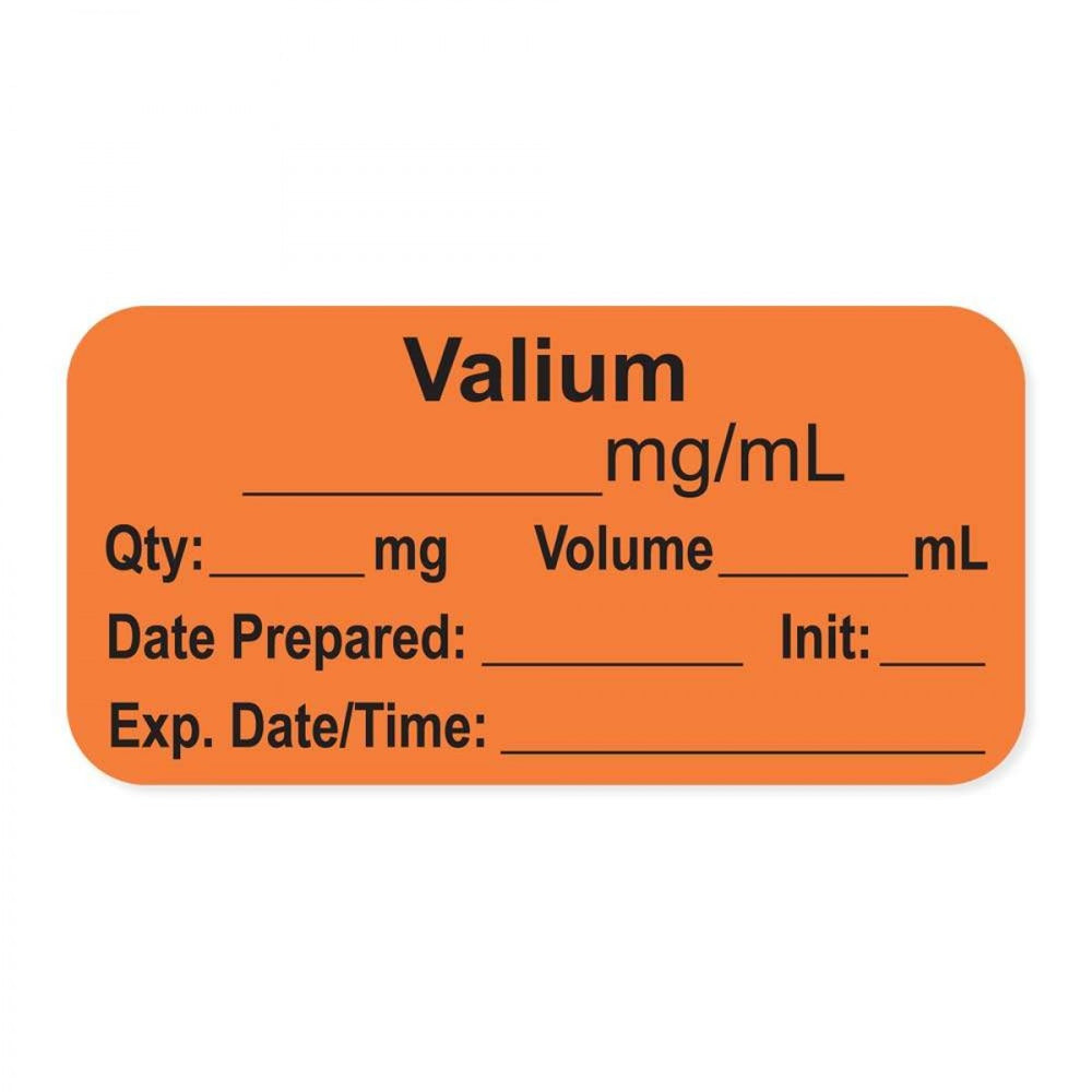 Anesthesia Label, With Experation Date, Time, And Initial, Paper, Permanent, "Valium Mg/Ml", 1" Core, 1-1/2" X 3/4", Orange, 500 Per Roll