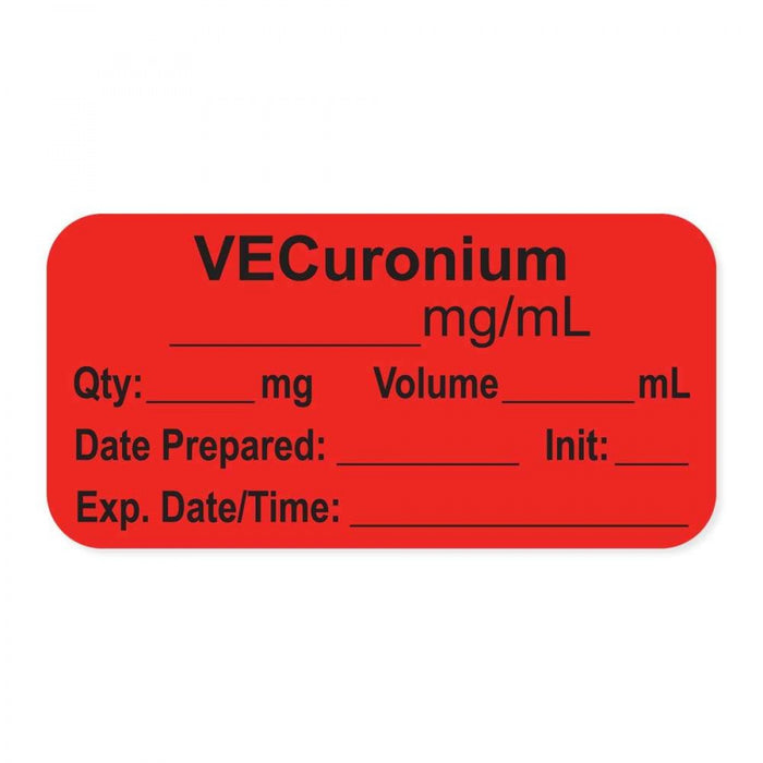 Anesthesia Label, With Experation Date, Time, And Initial, Paper, Permanent, "Vecuronium Mg/Ml", 1" Core, 1-1/2" X 3/4", Fl. Red, 500 Per Roll