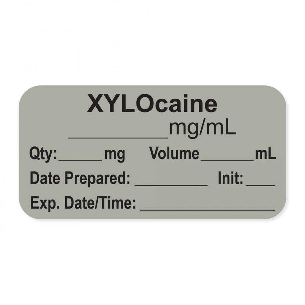 Anesthesia Label, With Experation Date, Time, And Initial, Paper, Permanent, "Xylocaine Mg/Ml", 1" Core, 1-1/2" X 3/4", Gray, 500 Per Roll