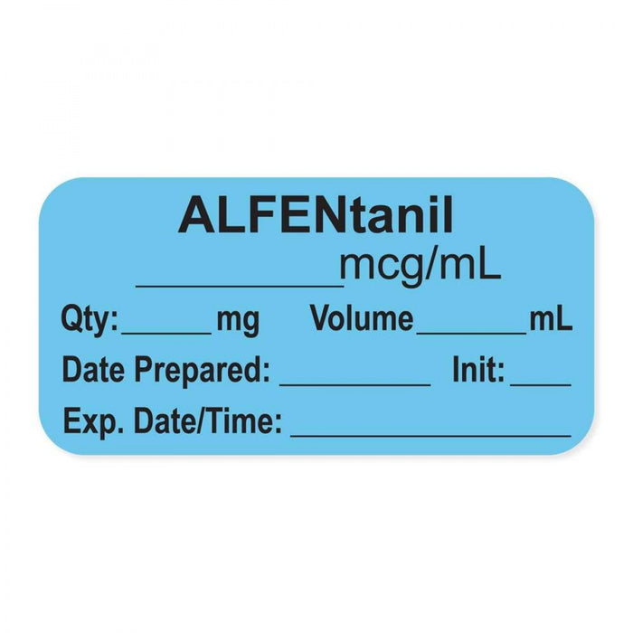 Anesthesia Label, With Experation Date, Time, And Initial, Paper, Permanent, "Alfentanil Mcg/Ml", 1" Core, 1-1/2" X 3/4", Blue, 500 Per Roll