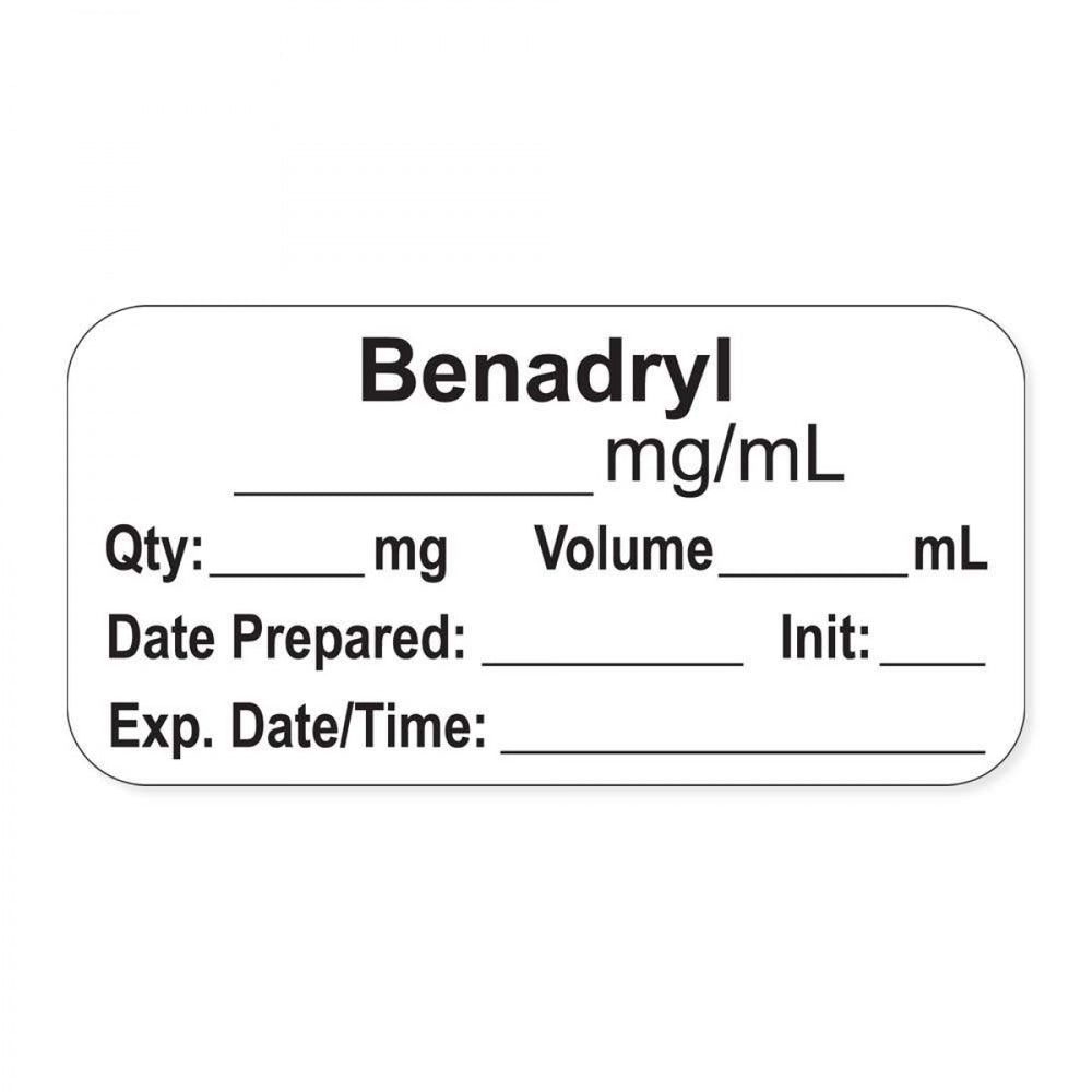 Anesthesia Label, With Experation Date, Time, And Initial, Paper, Permanent, "Benadryl Mg/Ml", 1" Core, 1-1/2" X 3/4", White, 500 Per Roll