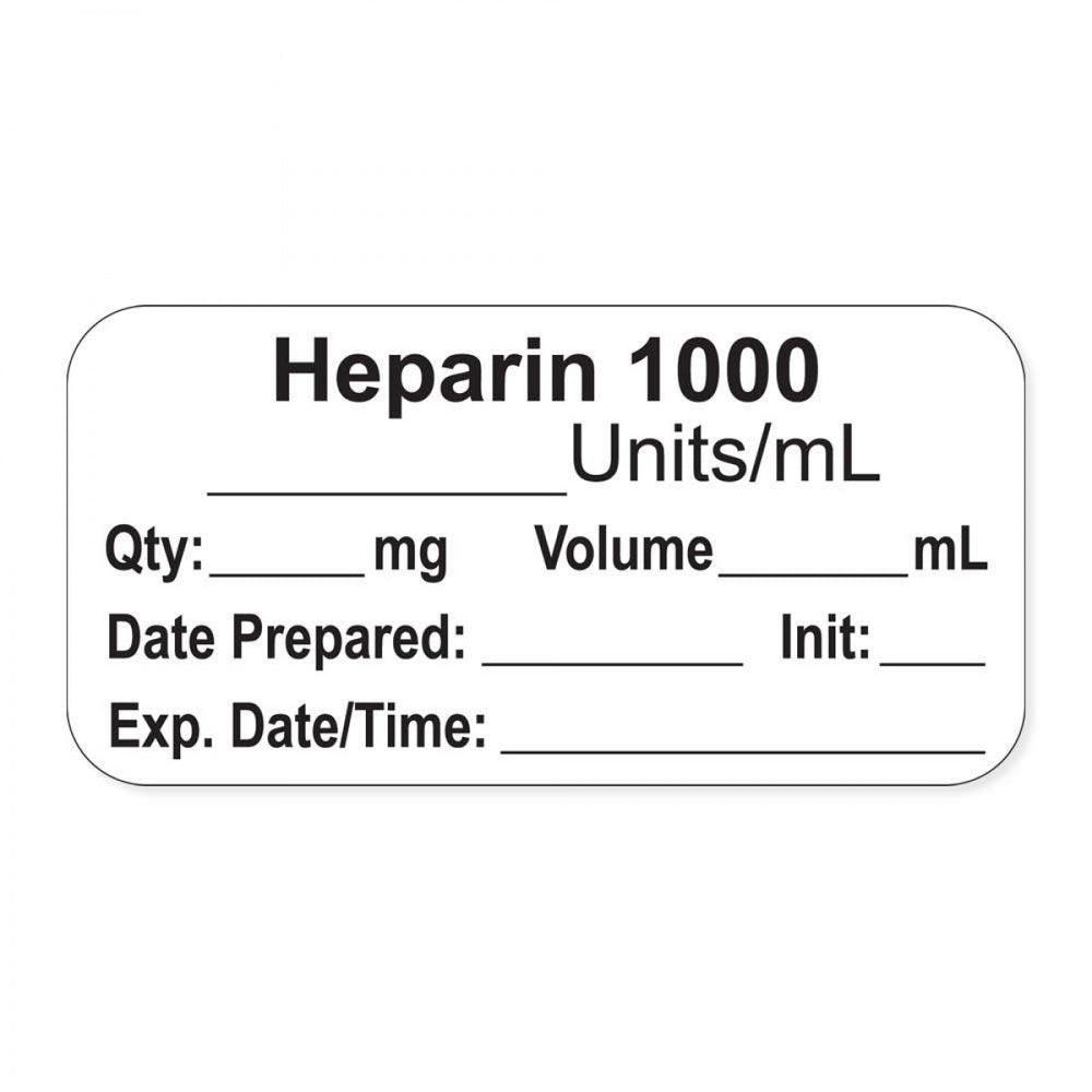 Anesthesia Label, With Experation Date, Time, And Initial, Paper, Permanent, "Heparin 1000 Units/Ml", 1" Core, 1-1/2" X 3/4", White, 500 Per Roll