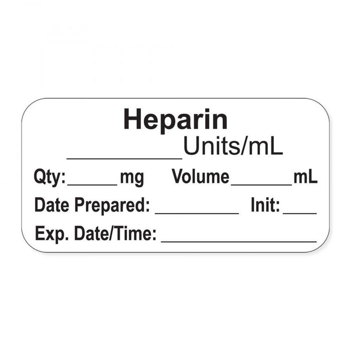 Anesthesia Label, With Experation Date, Time, And Initial, Paper, Permanent, "Heparin Units/Ml", 1" Core, 1-1/2" X 3/4", White, 500 Per Roll